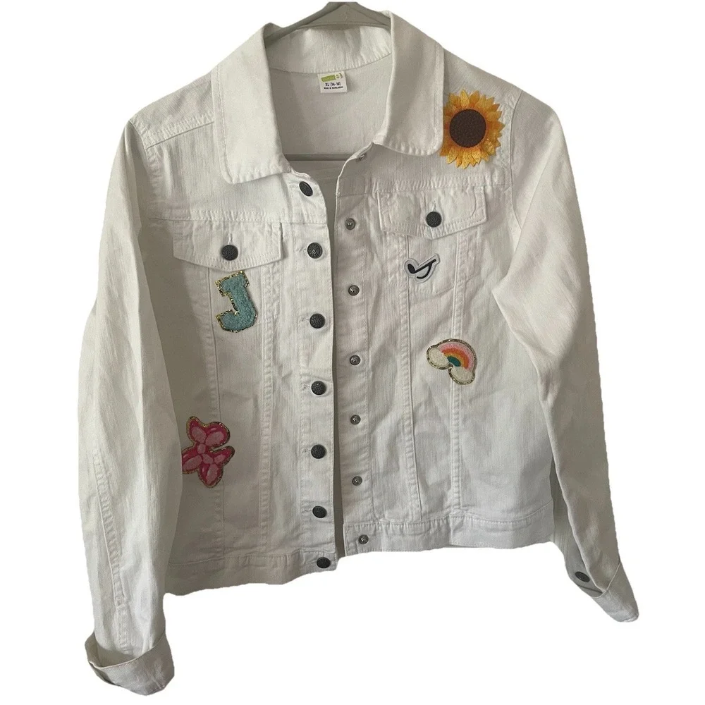 Crazy 8 Girls XL14-16 White Denim Jacket Sunflower Rainbow Butterfly Patch Jean